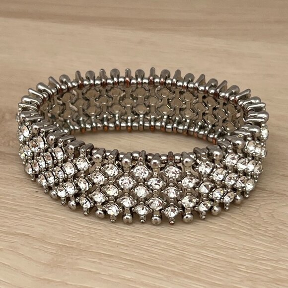 Vintage White Rhinestone Silver-tone Metal  1" Wide Stretch Bracelet / Showgirl - Picture 10 of 14